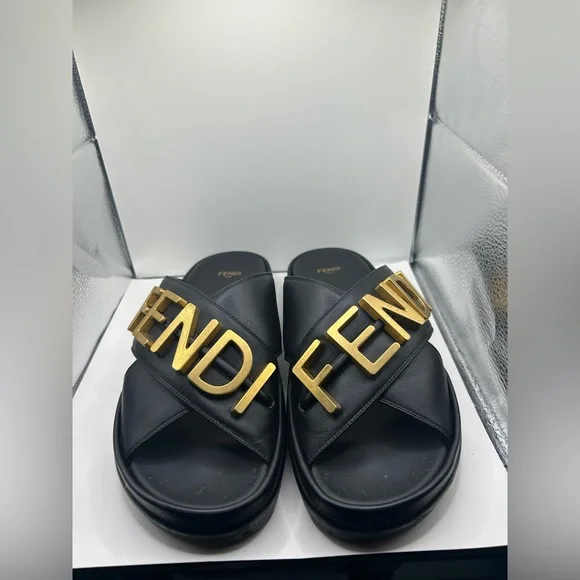 Fendi Black Slides with Gold Logo - Picture 1 of 5